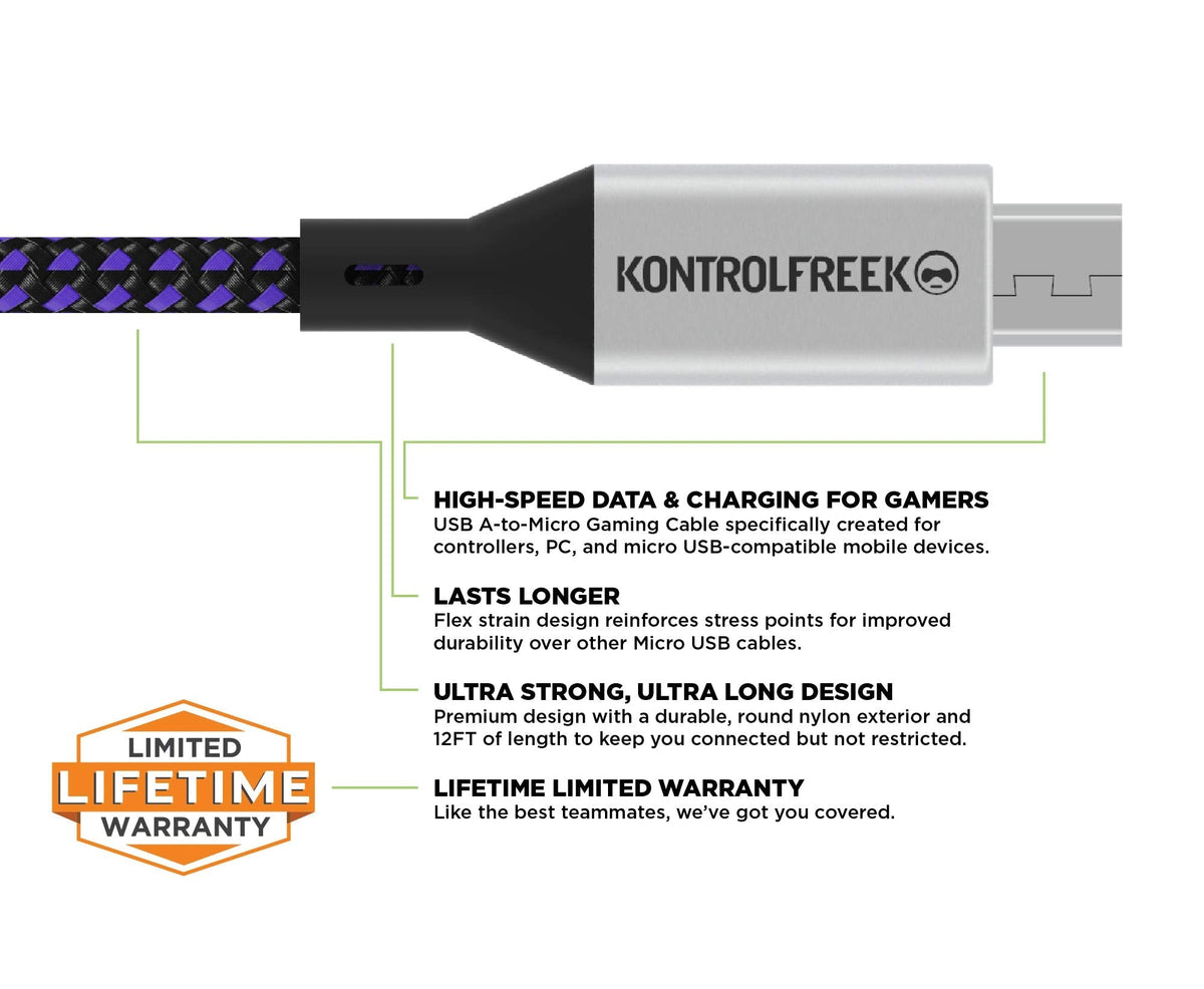 KontrolFreek Gaming Cable Micro USB (12ft) The Premium Durable Gaming Cable [Round Braided Nylon] for PlayStation Controllers, Xbox Controllers, PC, Android Smartphones and More