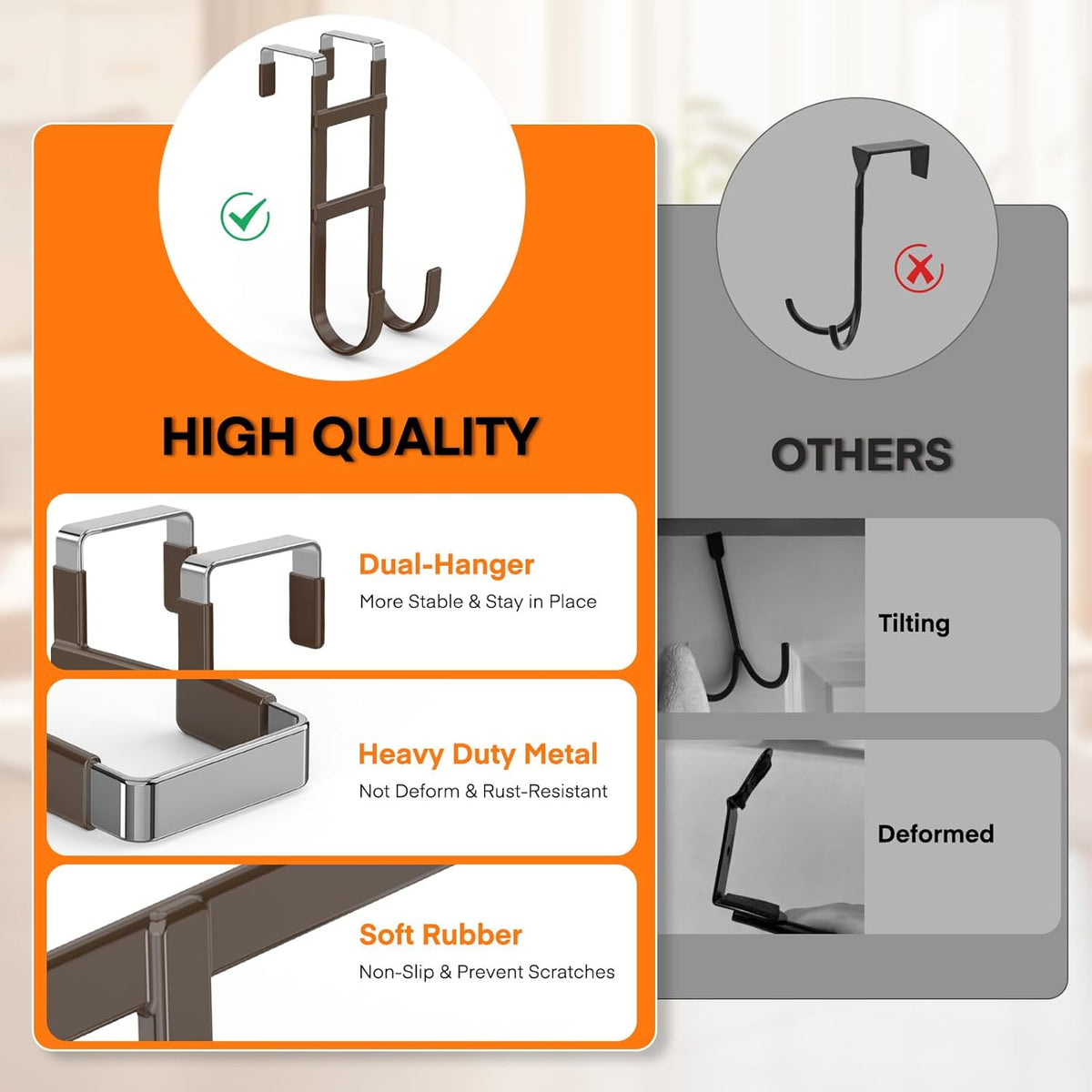 FYY Over The Door Hooks - 2 Pack Heavy Duty Dual-Hook Organizer Hanger with Non-Slip Rubber for Towels, Clothes, Hats & Bags Use in Bathroom, Bedroom, Kitchen - Fits Interior Doors Up to 1.6" Brown
