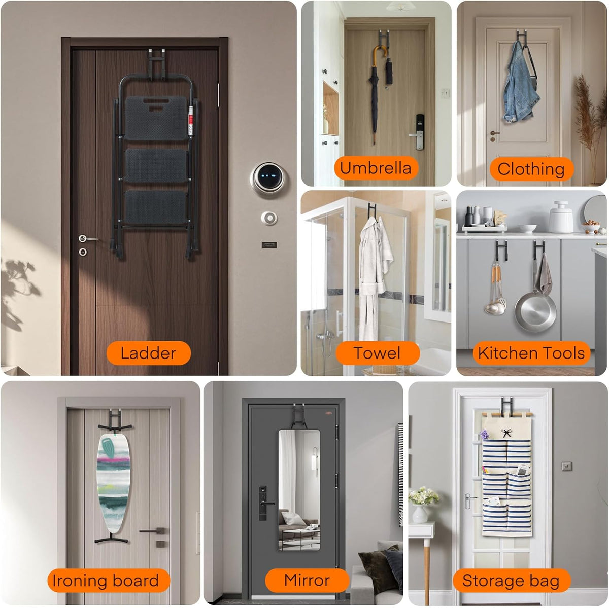 FYY Over The Door Hooks - 4 Pack Heavy Duty Dual-Hook Organizer Hanger with Non-Slip Rubber for Towels, Clothes, Hats & Bags Use in Bathroom, Bedroom, Kitchen - Fits Interior Doors Up to 1 3/8" Black
