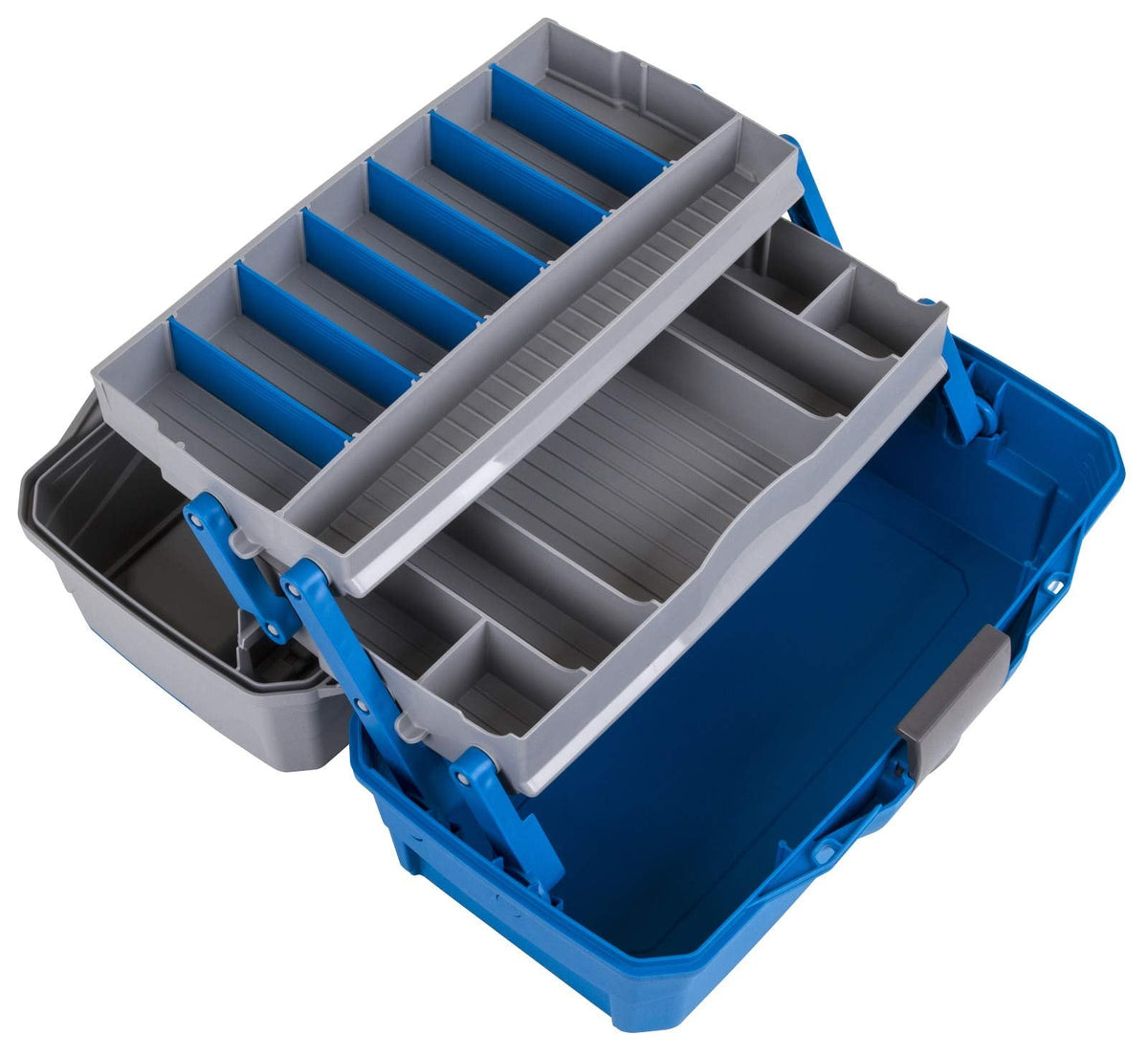 Flambeau Outdoors 6382TB 2-Tray Tackle Box - Classic Fishing Lure Storage Organizer, Medium Portable Tackle Box, 15 Tray Compartments, Blue/Gray