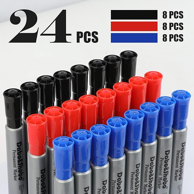 Dabo&Shobo Permanent Markers 24 Count, 3 Assorted Colors, Chisel Point Permanent Markers For Kids and Adult Coloring as Office, School Supplies