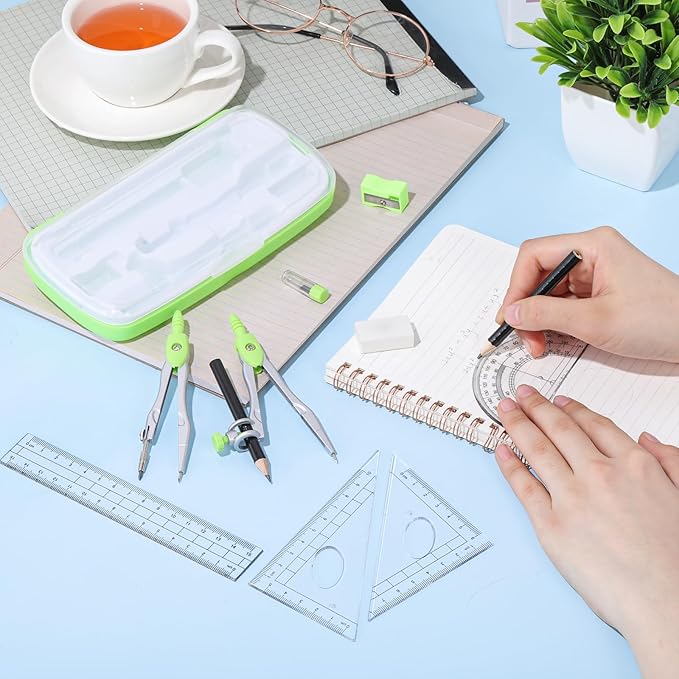 Zonon Math Geometry Set 10 Pcs Student Supplies with Shatterproof Storage Box, Includes Rulers Protractor Compass Pencil Sharpener Lead Refills Eraser Pencil for Drafting and Drawings(Green)