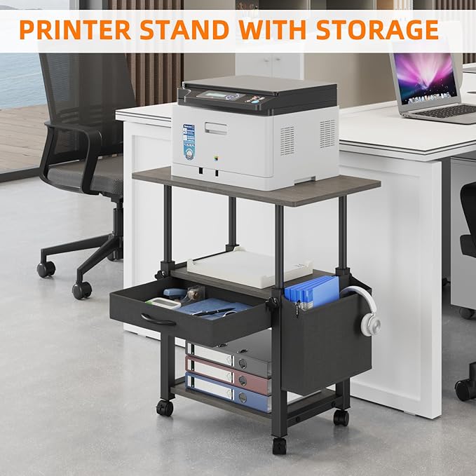22"x15" Large Printer Stand with Drawer and-side Bag, Adjustable 3-Tier Printer Cart for Home Office, Rolling Printer Stand Fit Heat Press/Laser/3D Printer (Grey)