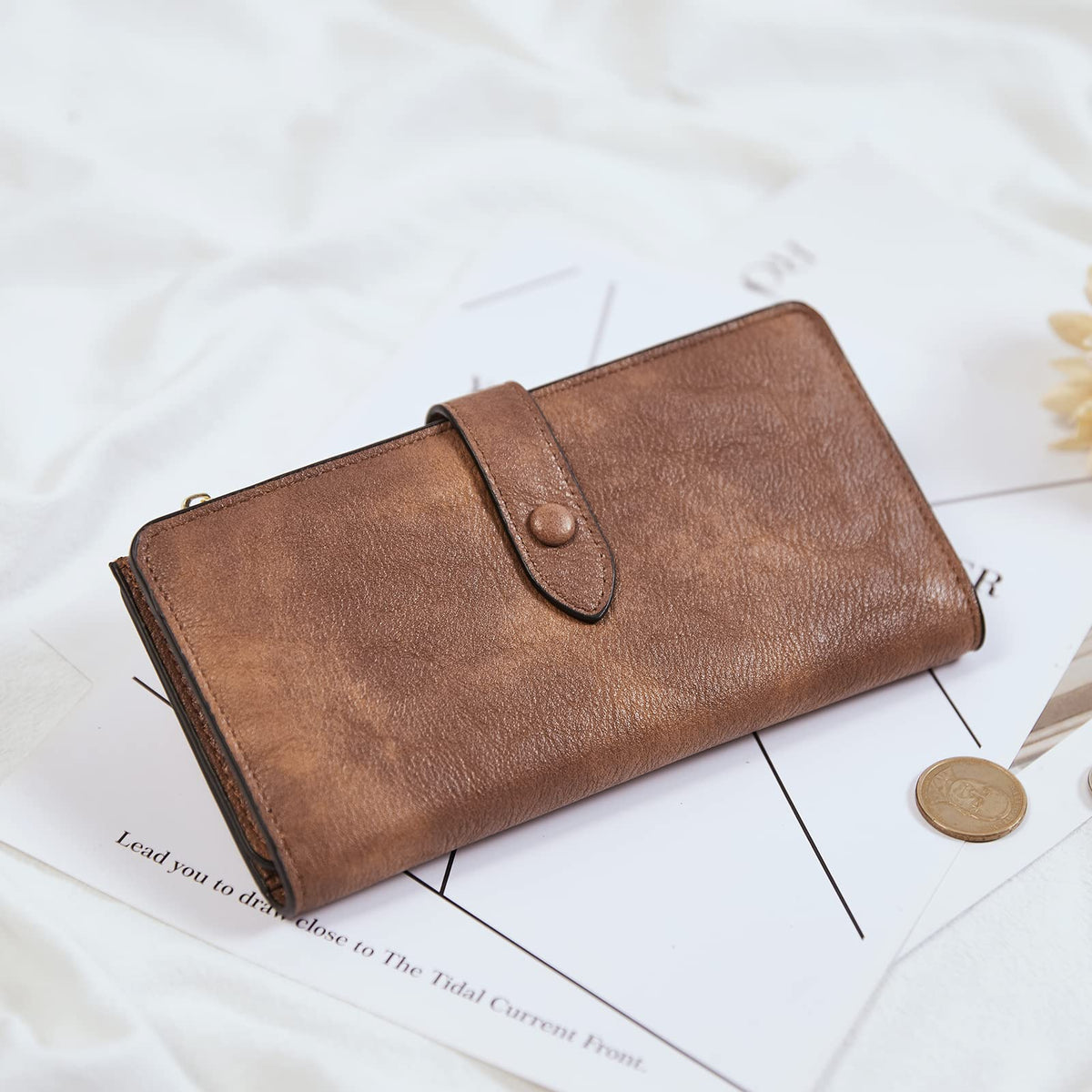 BOSTANTEN Womens Leather Wallets RFID Blocking Large Capacity Trifold Card Holder Ladies Phone Clutch Grey Brown
