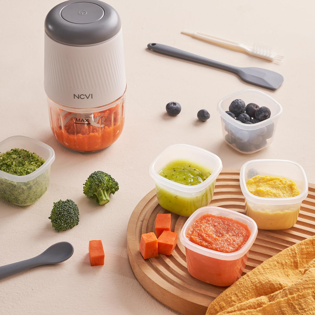 NCVI Puree Baby Food Processor Glass Set, Mini Infant Food Maker Blender Machine with 8 Blades and Grinding Disc, Small Blender for Baby Food Including Containers, Silicone Tray and Tableware