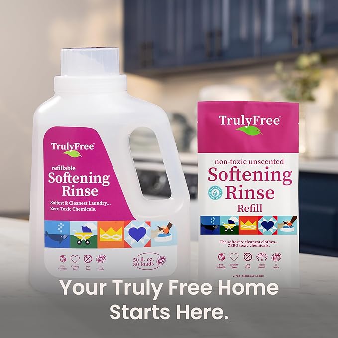 Truly Free Fabric Softening Conditioner for Clothes| Safe for Babies & Kids with Sensitive Skin | Plant-Based | Include 1 Refillable 50oz Bottle with Measuring Cap| Unscented Rinse(50 Loads)