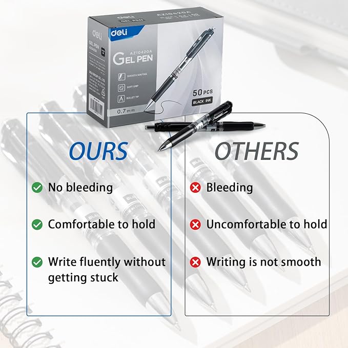 deli Gel Pens, 50 Pcs Retractable Pens Black Ink, Medium Point Pen 0.7mm, Smooth Writing, Fast Dry, No Bleed for Journaling Note Taking, Home School Office Supplies