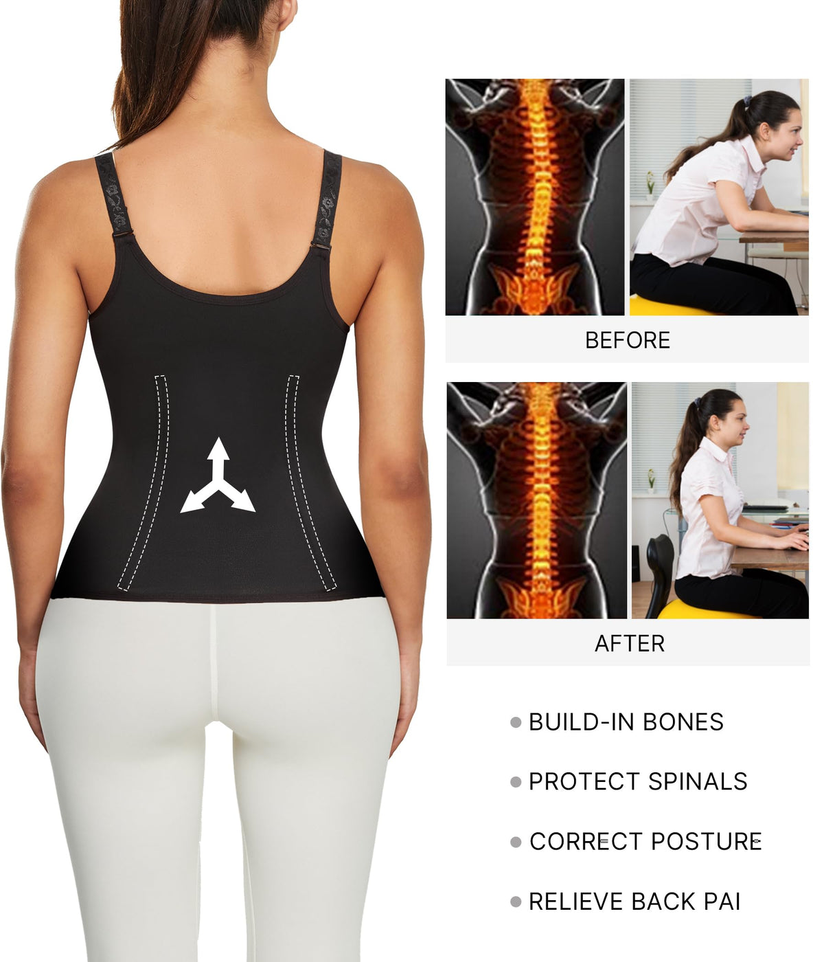 Nebility Women Waist Trainer Corset Zipper Vest Body Shaper Cincher Tank Top with Adjustable Straps (XL, Black)
