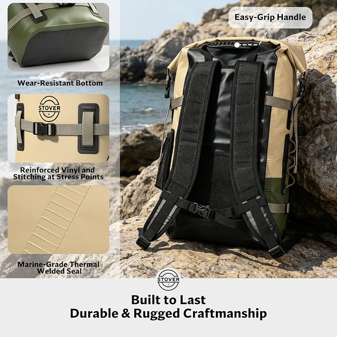 STOVER 30L Waterproof Dry Backpack & Phone Case - X-Large Floating Dry Bag for Kayaking, Travel, Hiking, Fishing, Camping, Motorcycles & Beach, Heavy-Duty Roll Top Men/Women (Tan/Army Green/Brown)