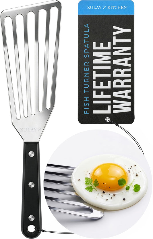 Zulay Kitchen Stainless Steel Fish Turner Spatula - 12.4” Flexible Heat-Resistant Slotted Turner for Non-Stick Cookware - Rust-Proof, Durable & Dishwasher Safe Cooking Utensil for Everyday Use