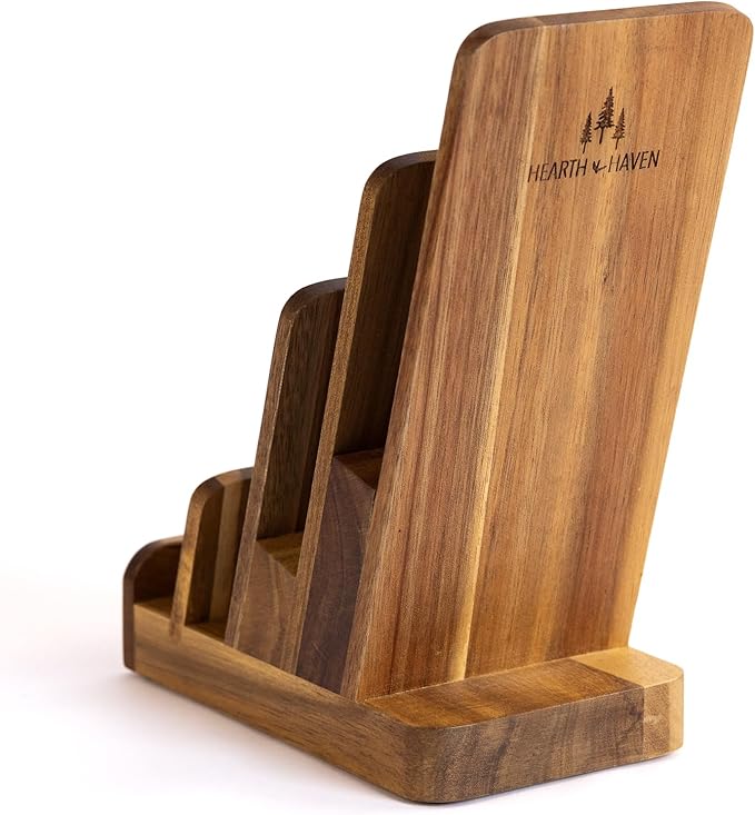Brochure Holder - 4-Tier Acacia Wood Brochure Display Stand - Waterproof Flyer Stand w/Non-Slip Base - Handmade Flyer Holder for Flyer Display, Menu Holder, Pamphlet & Business Cards- [Pack of 1]