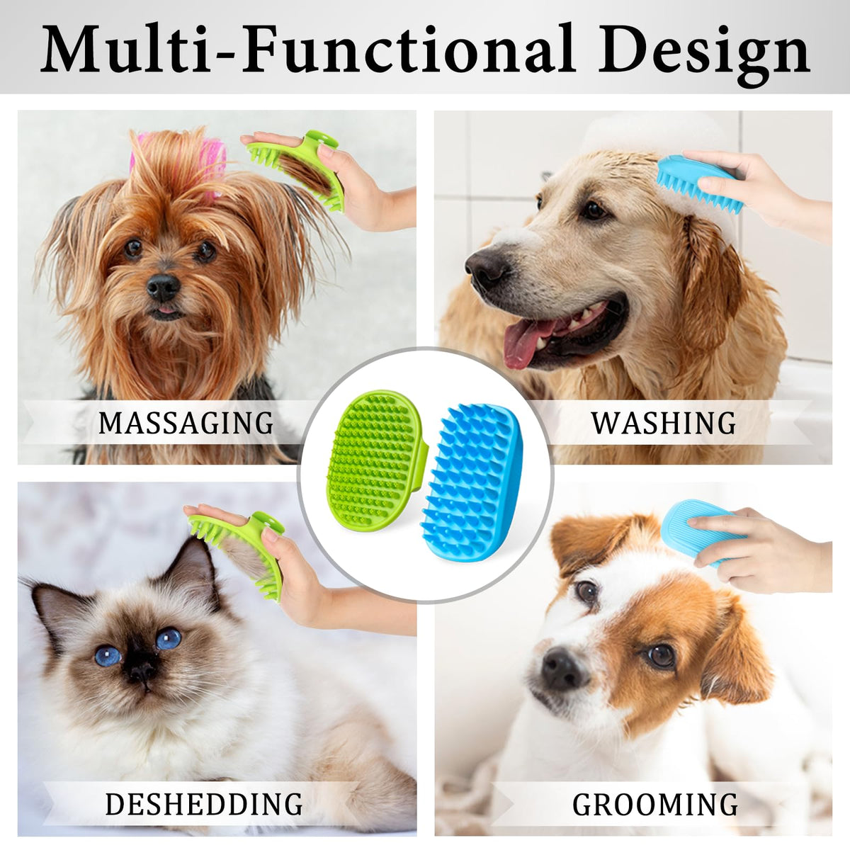 2PCS Dog Bath Brush Set | Adjustable Handle Dog Scrubber for Shampooing, Deshedding & Massaging, Suitable for Pets (Green Blue)