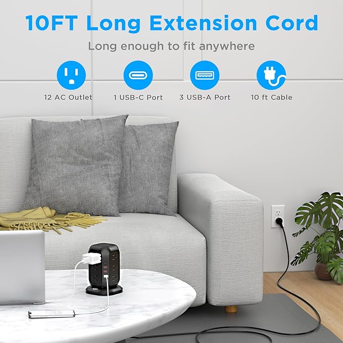 Power Strip with USB C Ports, AiJoy Surge Protector with 12 AC Outlet and 4 USB Ports, 10 FT Extension Cord, USB Charging Station with Overload Protection, Living Room, Office, Dorm