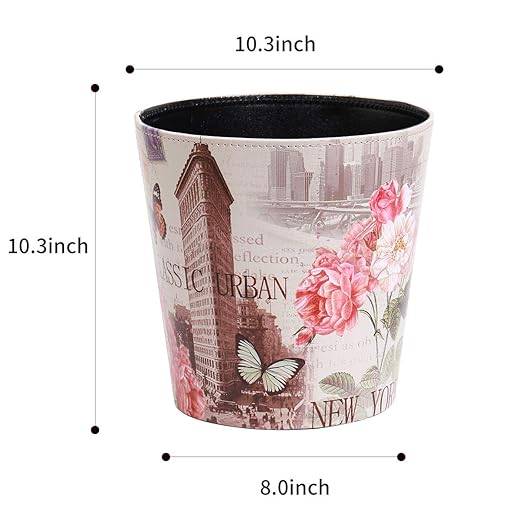 PU Leather Small Trash Can Wastebasket, Round Garbage Container Basket for Bathrooms, Laundry Room, Kitchens, Offices, Kids Rooms, Bedrooms,Dorms,Home Decorative Art Bin, 2.9 Gallon(Classic Urban)