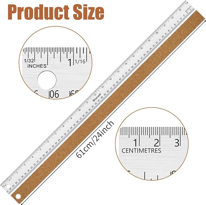24 Inch Metal Ruler, Stainless Steel Straight Edge Ruler with Cork Backing, Non-Slip Imperial & Metric Measuring Tool for School, Office, Woodworking, Drafting