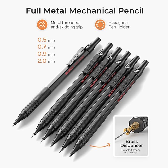 Nicpro 35PCS Black Metal Mechanical Pencils Set in Case, Art Drafting Pencil 0.5, 0.7, 0.9 mm & 3PCS 2mm Graphite Lead Holder for Drawing Sketching With 20 Tube Lead Refills(6B 4B 2B HB 2H 4H Colors)