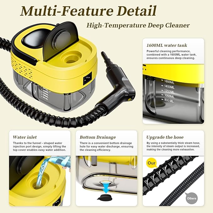 Steam Cleaner,15s Heat-Up,1.6L Tank,3-Level Adjustable Handle,2500W Steamer for Cleaning,Portable Steamer for Cleaning with 16PCS Accessories,Steam Cleaner for Home,Grout,Tile,Couch,Car,Dirt,Grease