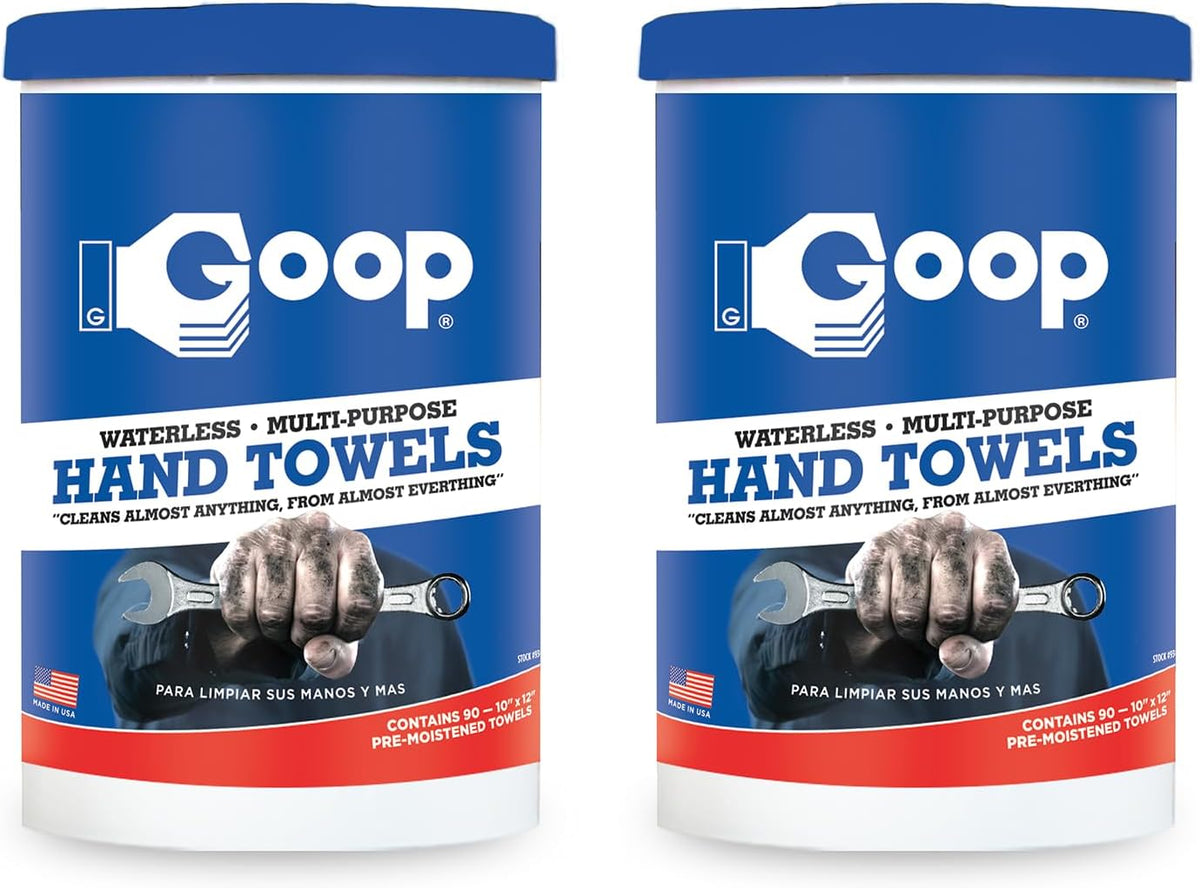 GOOP Multi-Purpose Waterless Hand Cleaner Towels - 90, 10" x 12" Towels (Pack of 2)