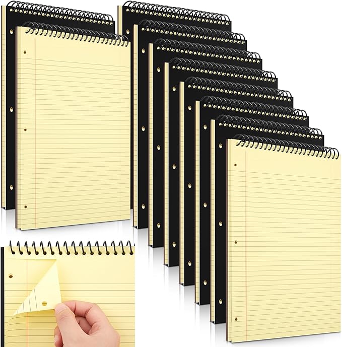 10 Packs 8.5" x 11" Top Spiral Notebook with 3 Hole Punched Legal Pads College Ruled Notepad 50 Sheets Hard Cardboard Paper Wirebound Notepad for Office School Business (Yellow)