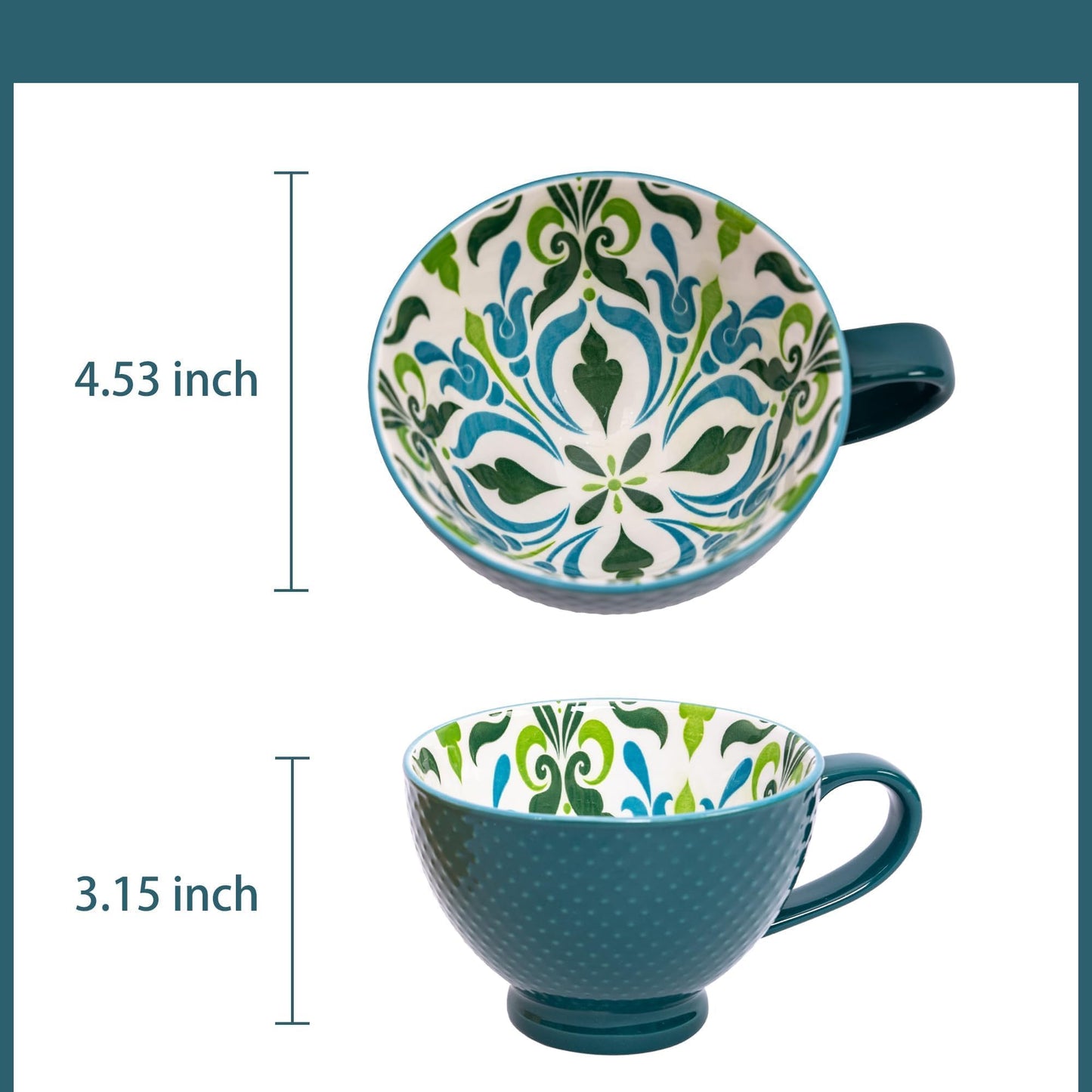 Topadorn Ceramic Coffee Mugs with Handle Set of 2, Hand-Painted Floral Pattern Ceramic Soup Mugs for Salad, Cappuccino, Cereal, Milk, Latte, Tea, Cocoa, Breakfast Oatmeal Cups(Green & Yellow)
