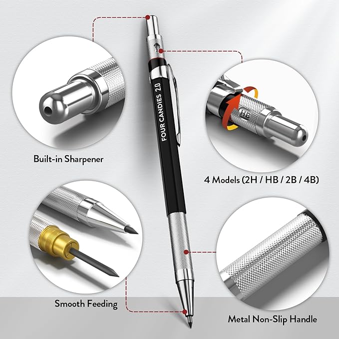 Four Candies 2MM Mechanical Pencil Set with case, Artist Led Pencil Metal Lead Holder with 60PCS Graphite Lead Refill (HB, 2H, 2B, 4B, Color) Kneaded Eraser, Sharpener for Writing, Drawing, Sketching
