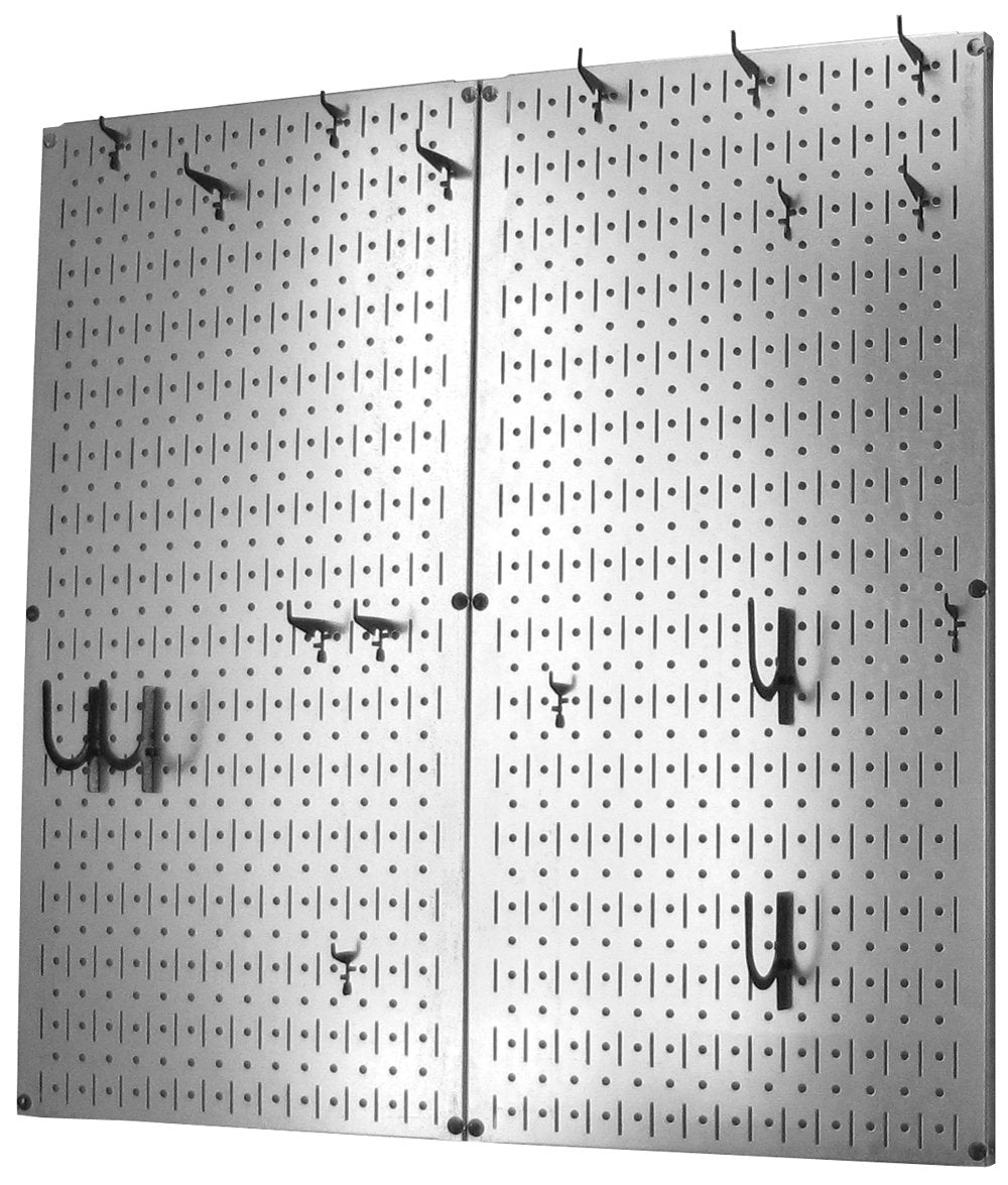 Wall Control Kitchen Pegboard Organizer Pots and Pans Storage Rack Organization Kit with Metallic Silver Pegboard and Black Accessories