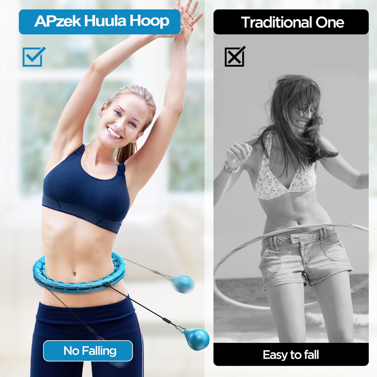 APzek Weighted Exercise Hoop Plus Size, 32 Detachable Knots for Adults & Beginners, 2 in 1 Abdomen Fitness Massage Non Fall Smart Hooola Hoop with Auto Spinning Ball