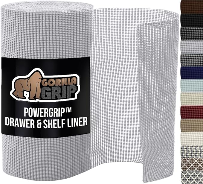 GORILLA GRIP powerGRIP Drawer Shelf and Cabinet Liner, Thick Strong Hold, Non-Adhesive Liners Protect Kitchen Cabinets and Cupboard, Bathroom Drawers, Easy Install, Breathable Mat, 12" x10' Light Gray