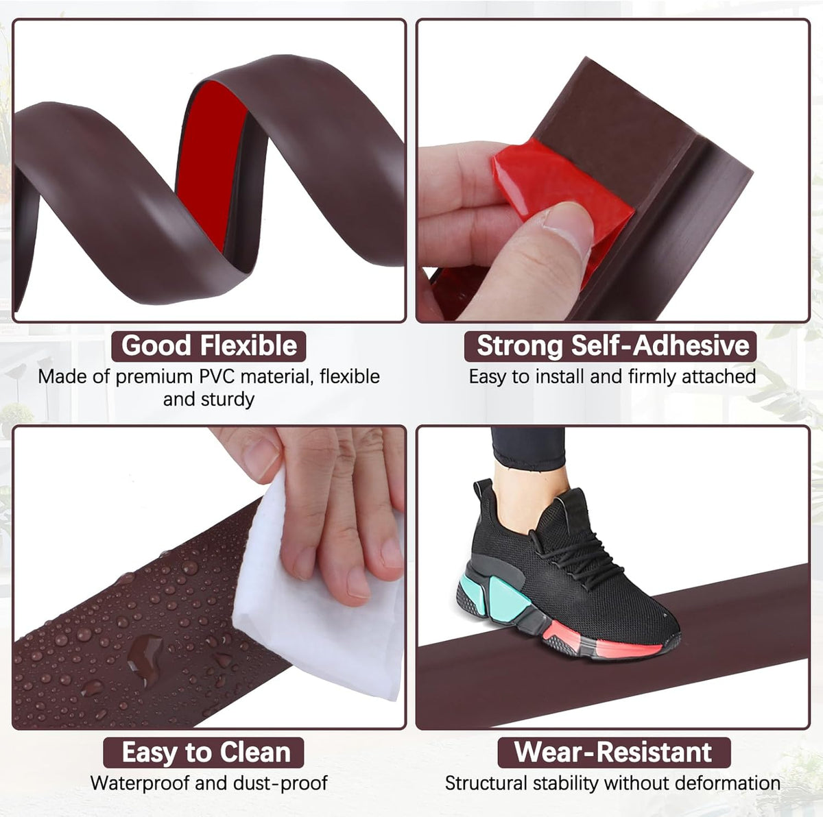Vinyl Door Threshold Flooring Transition Strip Self Adhesive Carpet Edging Strip for Laminate Doorway Edge Threshold from 1/5" to 2/5" (Coffee, 10 Ft)