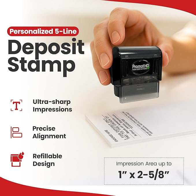 Promot Pre-Inked Custom Deposit Stamp - Personalized Text, Refillable Custom Stamp with Built-in Ink Reservoir, Easy 3-Step Re-Inking, Customized Rubber Stamp for Bank and Businesses (5-Lines)