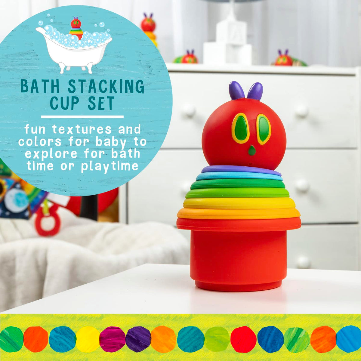Kids Preferred World of Eric Carle The Very Hungry Caterpillar Bath Time Stacking Cup Set with Caterpillar Head Squirty Perfect for Water Play Ages 18 Months and Up