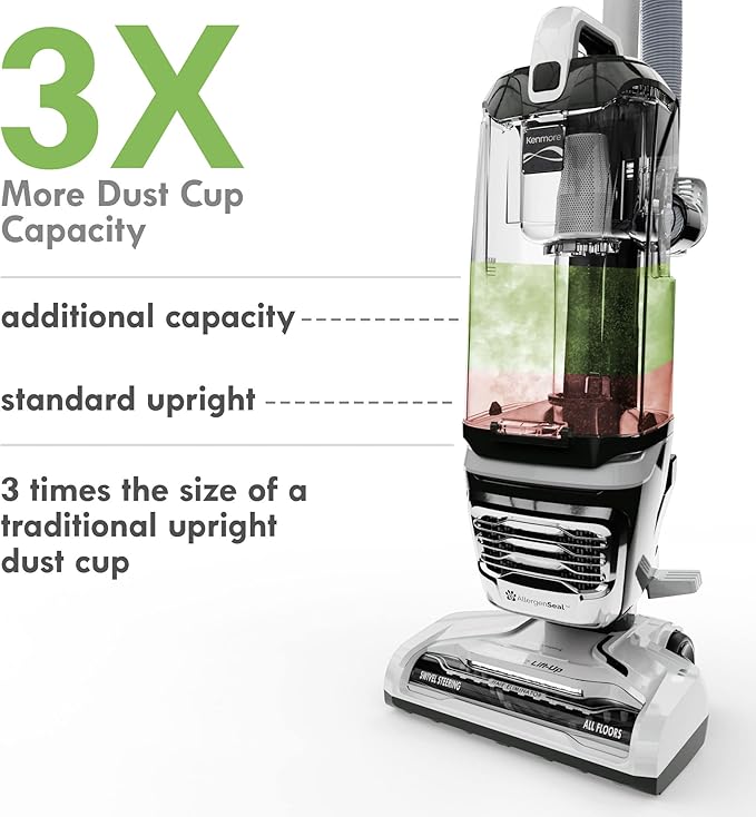 Kenmore DU4399 Featherlite Lift-Up Bagless Upright Vacuum 2-Motor Power Suction Lightweight Carpet Cleaner with Hair Eliminator Brushroll, HEPA Filter and 2 Cleaning Tools, White