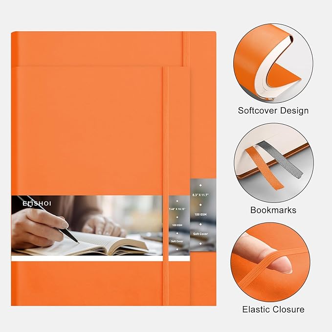 EMSHOI A4 College Ruled Notebook Journal- 400 Pages (200 sheets), 7mm Spacing & Vegan Leather Cover for Work, School, Bible Study, Bullet Journaling- with Sticky Notes, Pocket & Pen Holder - Orange