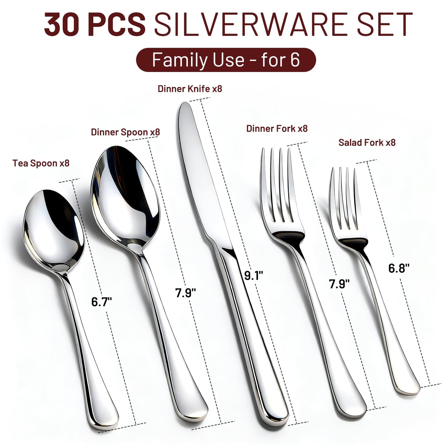 KIKCOIN 30 Pack Silverware Set for 6, Food-Grade Stainless Steel Flatware Set, Heavy Duty Mirror Polished Cutlery Utensils Set with Knives Spoons and Forks Set for Home Kitchen Restaurant Wedding