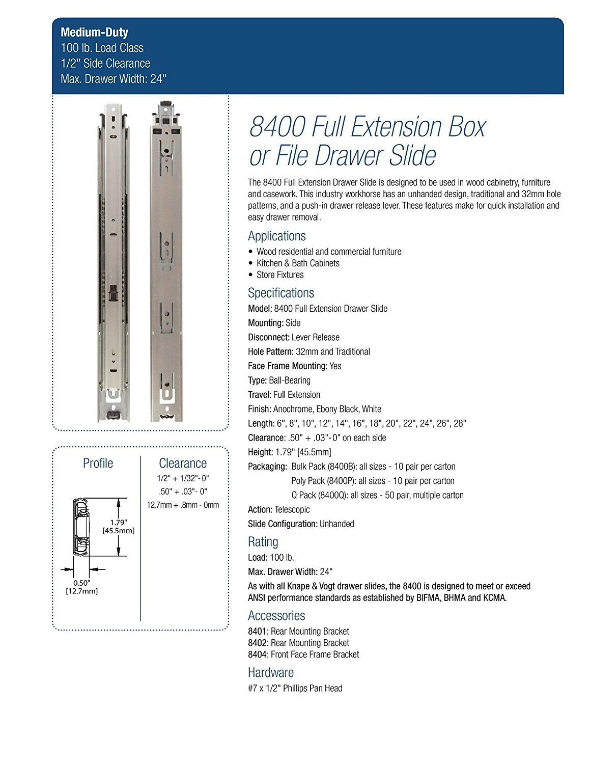 Knape & Vogt 28 Inch Side Mount Full Extension Drawer Slide, 8400P-28, 2 Slides