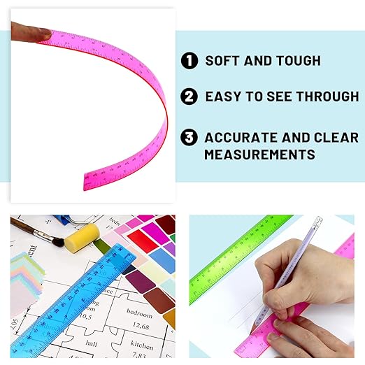 30 Pack Clear Ruler Plastic Rulers 12 Inch Transparent Assorted Color Kids Ruler Bulk for School with Centimeters Millimeter and Inches, Measuring Tools for Student School Office Home