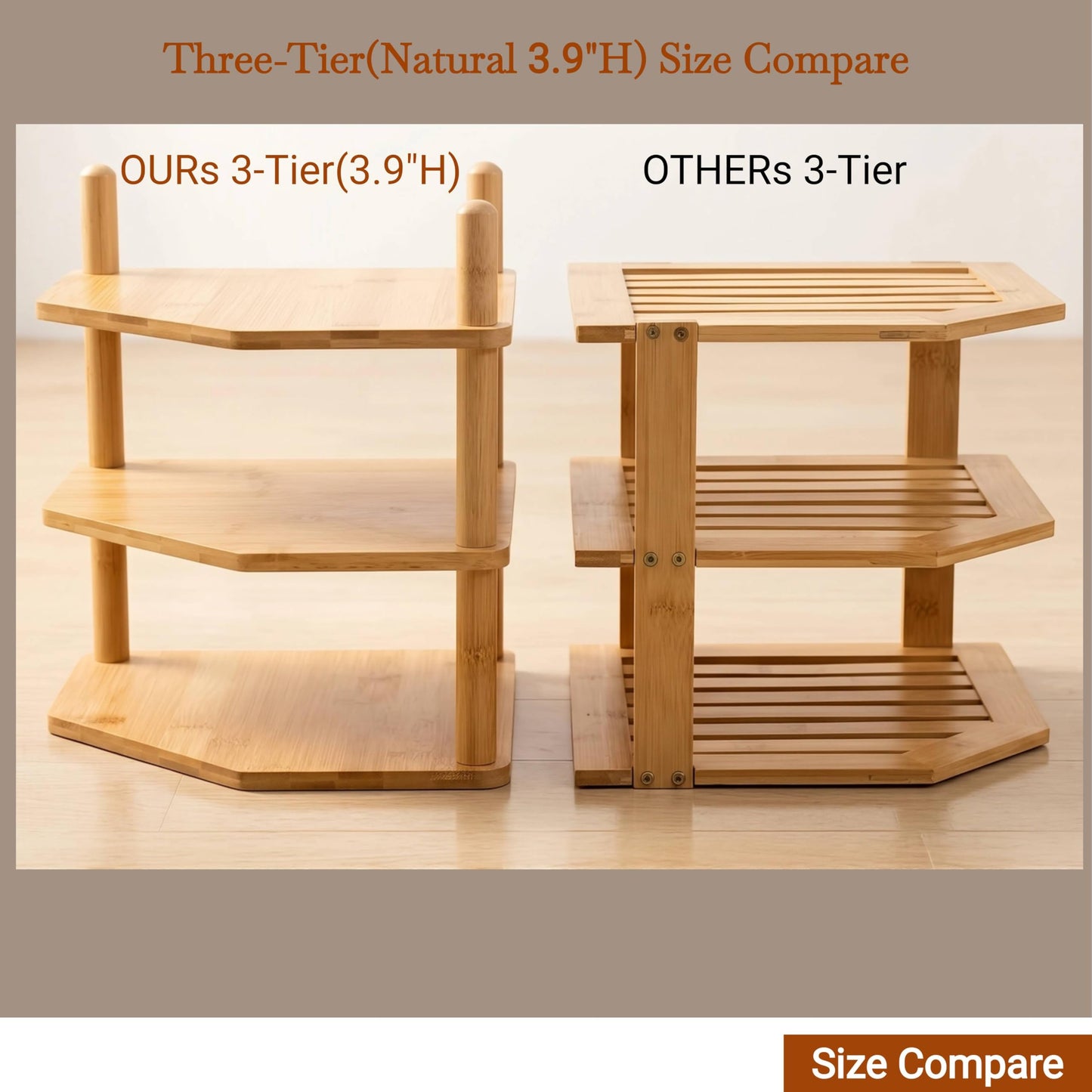WooFawn 3-Tier Expandable Bamboo Corner Shelf - Dish/Plate Organizer for Cabinet, Kitchen Counter Shelf & Small Kitchen Shelf, Adjustable (Natural, 1-Pc 3.90" H)