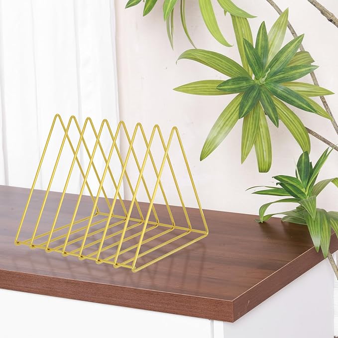 Urban Deco Triangle Desk Organizers Metal Wire Magazine Holder 7 Sections Decorative File Folder Organizer Vinyl Record Storage Office For Desk - Gold Magazine File Holder - Pack of 2