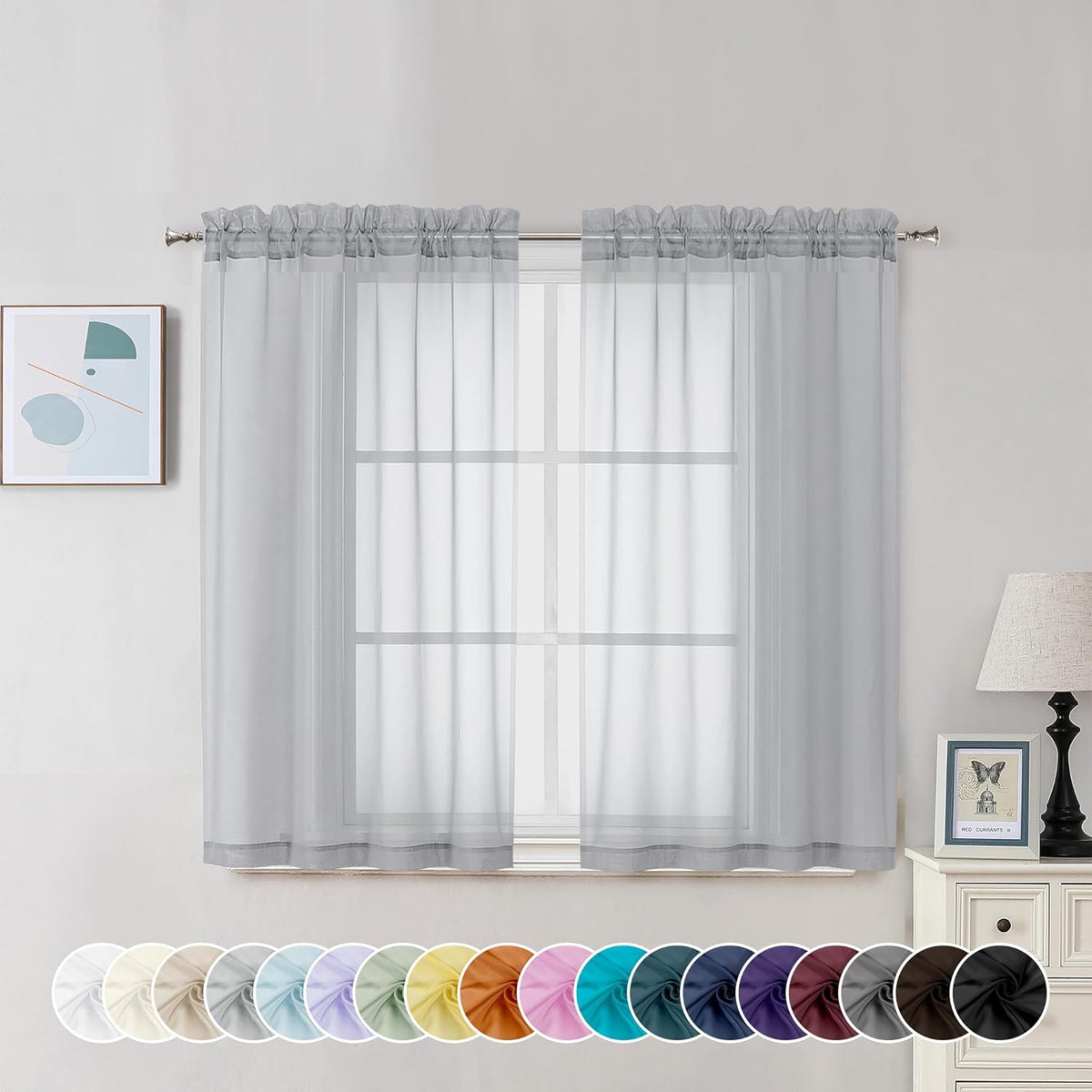 Chyhomenyc Light Grey Sheer Curtains 45 Inch Long 2 Panels, Light Filtering Rod Pocket Voile Short Curtains Drapes for Living Room Bedroom Small Windows, 42Wx45L Inches