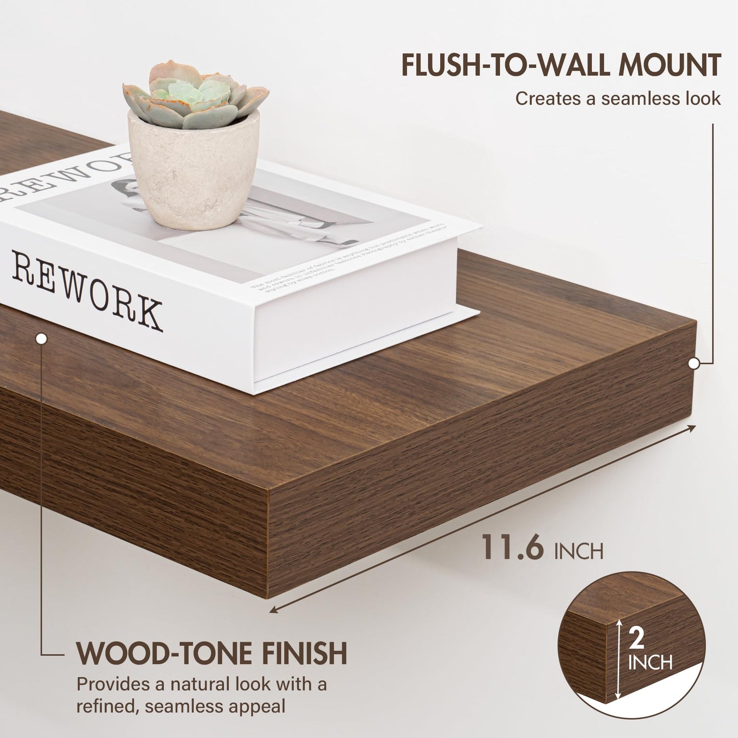 Acovy 72 Inch Floating Shelves, 12" Deep Floating Shelf Wall Mounted, 72" Wall Shelves, Rustic Deep Bookshelf, Extra Deeper & Thicker Display Shelves for Bedroom, Living Room, Walnut, Set of 1