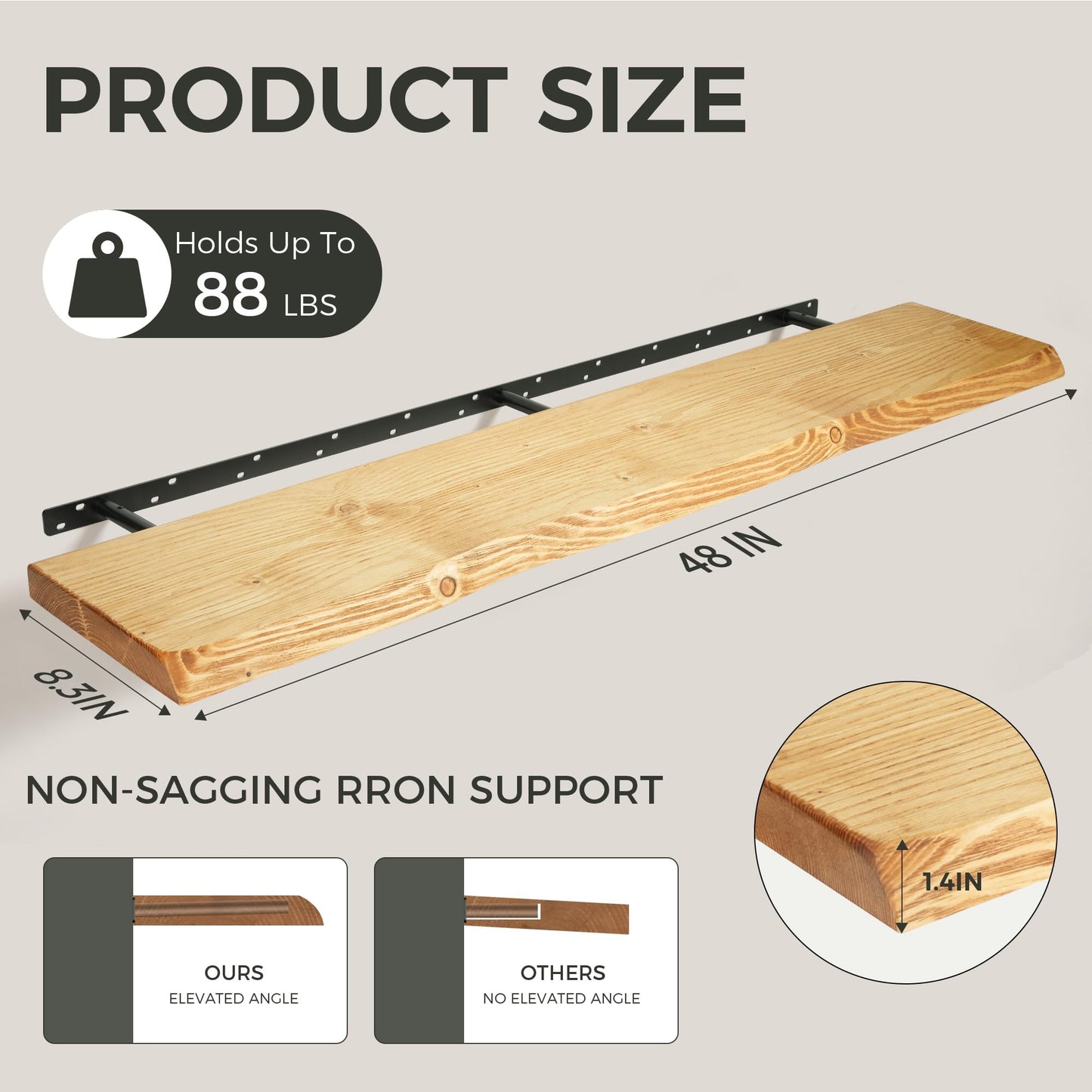48 Inch Floating Shelves for Wall Decor, 88lbs Solid Spruce Wood Live Edge Floating Shelves, 8" Deep Rustic Wall Shelf for Bathroom Kitchen Bedroom Living Room, Invisible Bracket, Natural(Set of 1)
