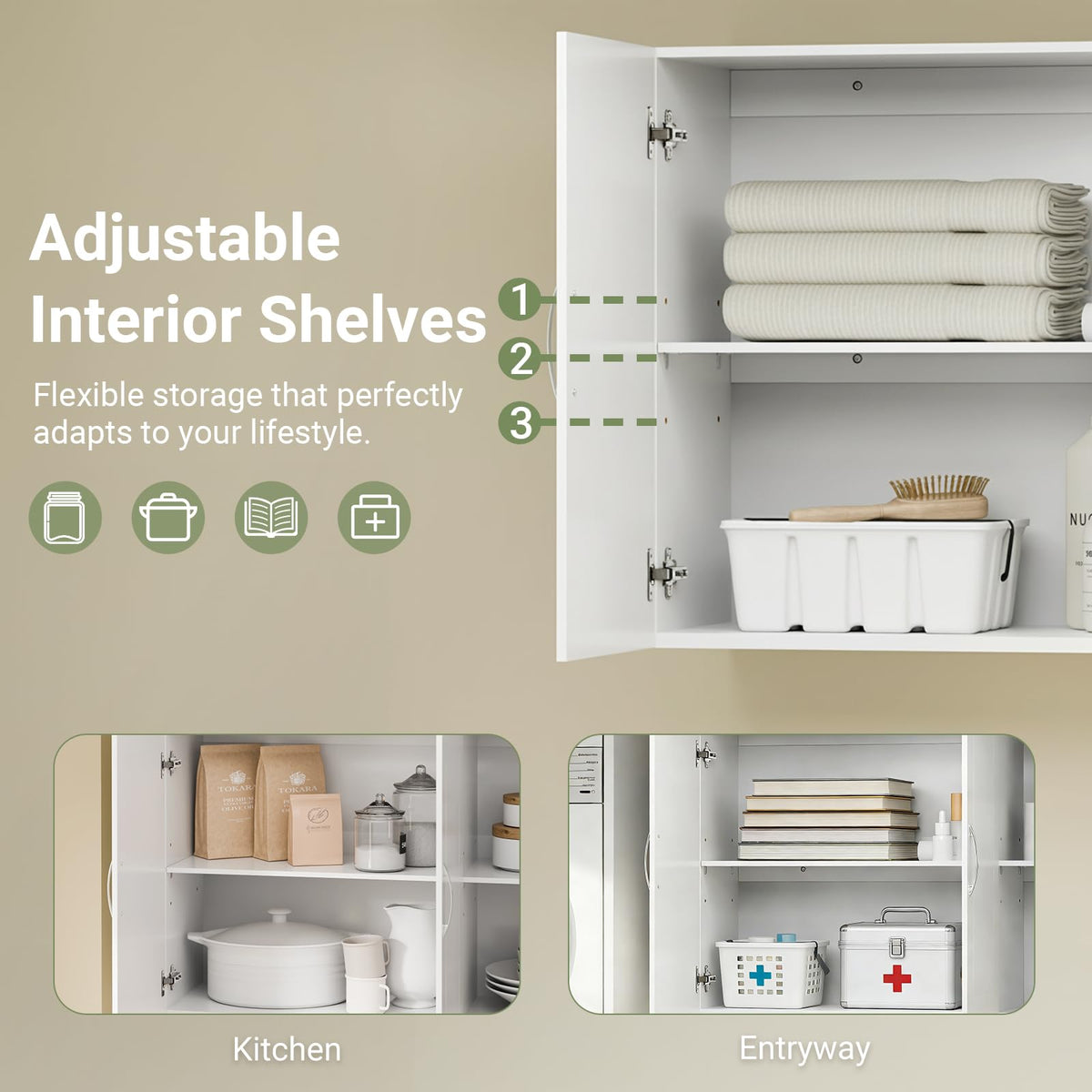 SoBuy Wall Cabinet Laundry Room, Medicine Cabinet for Kitchen Bathroom Garage, Wall Storage Cabinet with Adjustment Shelves, White FRG231-L-W