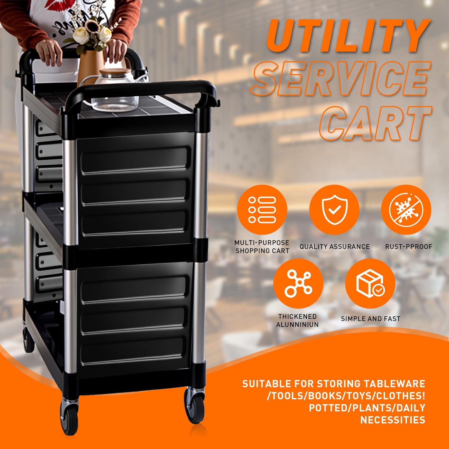 3-Tier Heavy-Duty Metal Service Utility Carts,Storage Mobile Kitchen Cart with Handle & Lockable Wheels,Portable Rolling Cart for Home Hotel Restaurant Garage Kitchen Office Organization