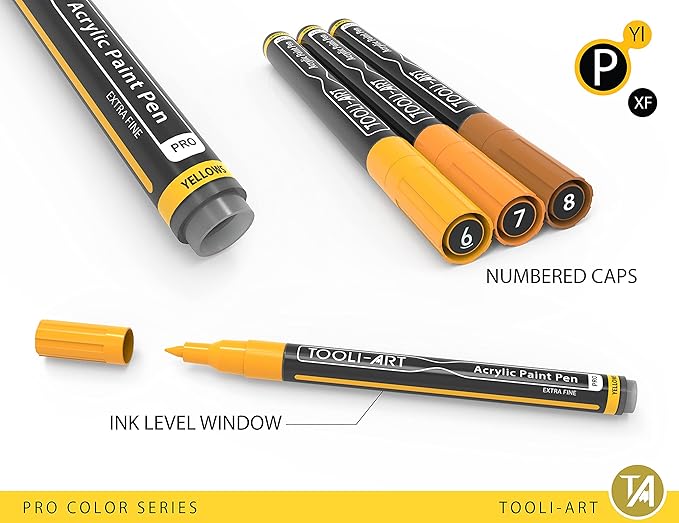 Acrylic Paint Pens 22 Yellow & Brown Tones Assorted Pro Color Series Markers Set 0.7mm Extra Fine Tip for Rock Painting, Glass, Mugs, Wood, Metal, Canvas, Projects, Non Toxic, Waterbased, Quick Drying