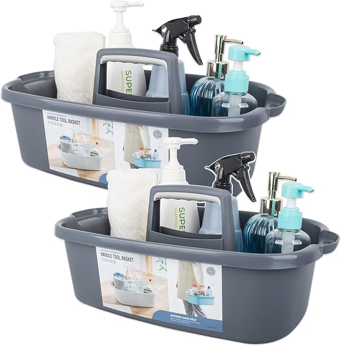 Large Cleaning Supplies Caddy Portable Shower Basket Supply Organizer with Handle Plastic Bucket Tool Storage for Bathroom, Bedroom, Kitchen, College Dorm, Garden, Dark Gray 2 Pack