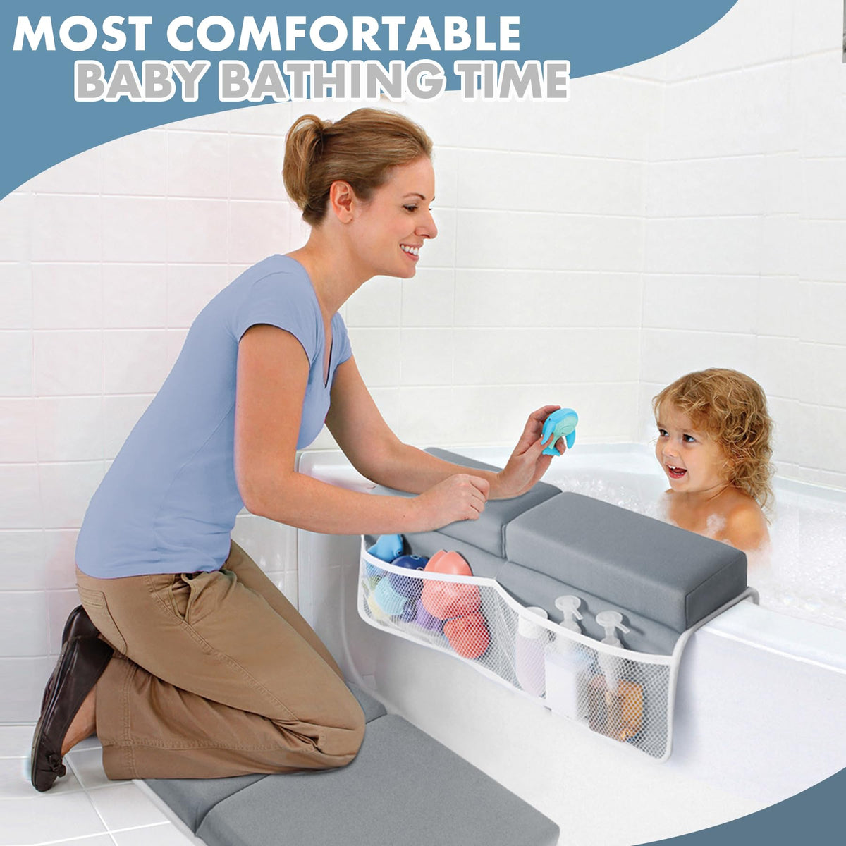 beiens Bath Kneeler and Elbow Rest Pad Set - 1.5'' Comfortable Thick Baby Bath Kneeler Pads, Quick Dry Soft Kneeling Pad for Baby Bath Time, Non-Slip Knee& Arm Support Bathtub Mat with Toys Organizer