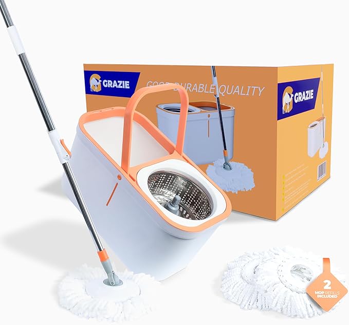 Spin Mop and Bucket Wringer 360 Microfiber Mop with Stainless Steel Handle Self Wringing Cleaning System Bucket with Drain for Tile Hardwood Laminate Floors Includes 2 Mop Head Refills Absorbent