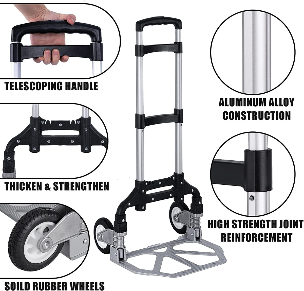 Folding Hand Truck Dolly Aluminum Folding Hand Cart Luggage Trolley Cart Max 175lbs Capacity Dolly Cart, with Telescoping Handle and Rubber Wheels, Double Bearings