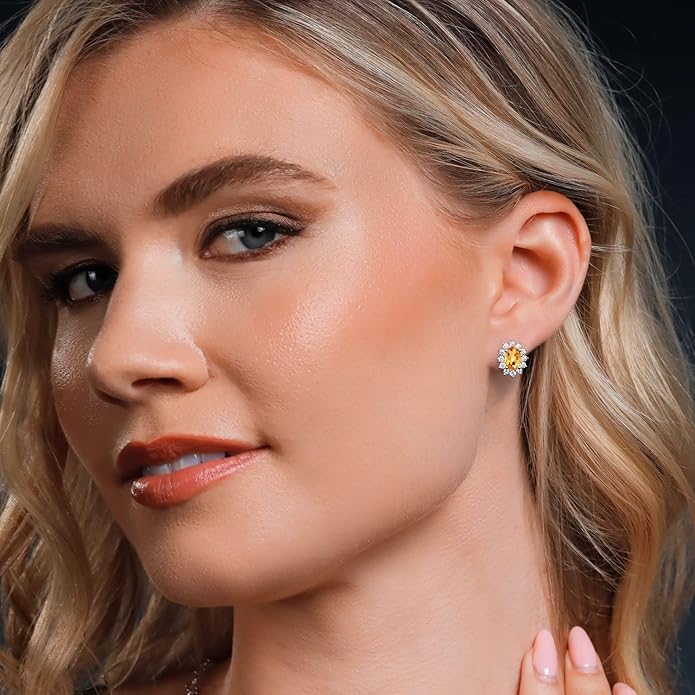 Gem Stone King 7X5MM Oval Gemstone Birthstone Stud Earrings For Women | Princess Diana Royal Halo Style | 925 Sterling Silver | Fine Jewelry Gifts for Anniversary Wedding Her Mom Women Wife
