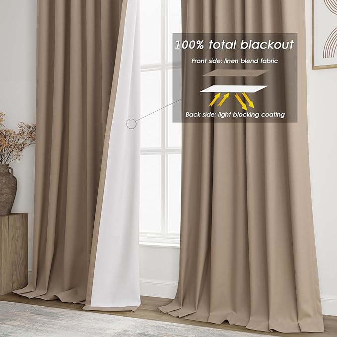 Nanspring Tan 100% Blackout Curtains 63 inches Long for Bedroom Boho Farmhouse Back Tab Rod Pocket Thermal Insulated Textured Short Room Darkening Curtains 2 Panels Set 52x63 Inches